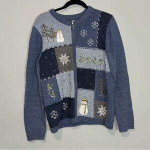 Vintage Blue Patchwork Holiday Snowman‎ Embroidered Cardigan Sweater - Size M